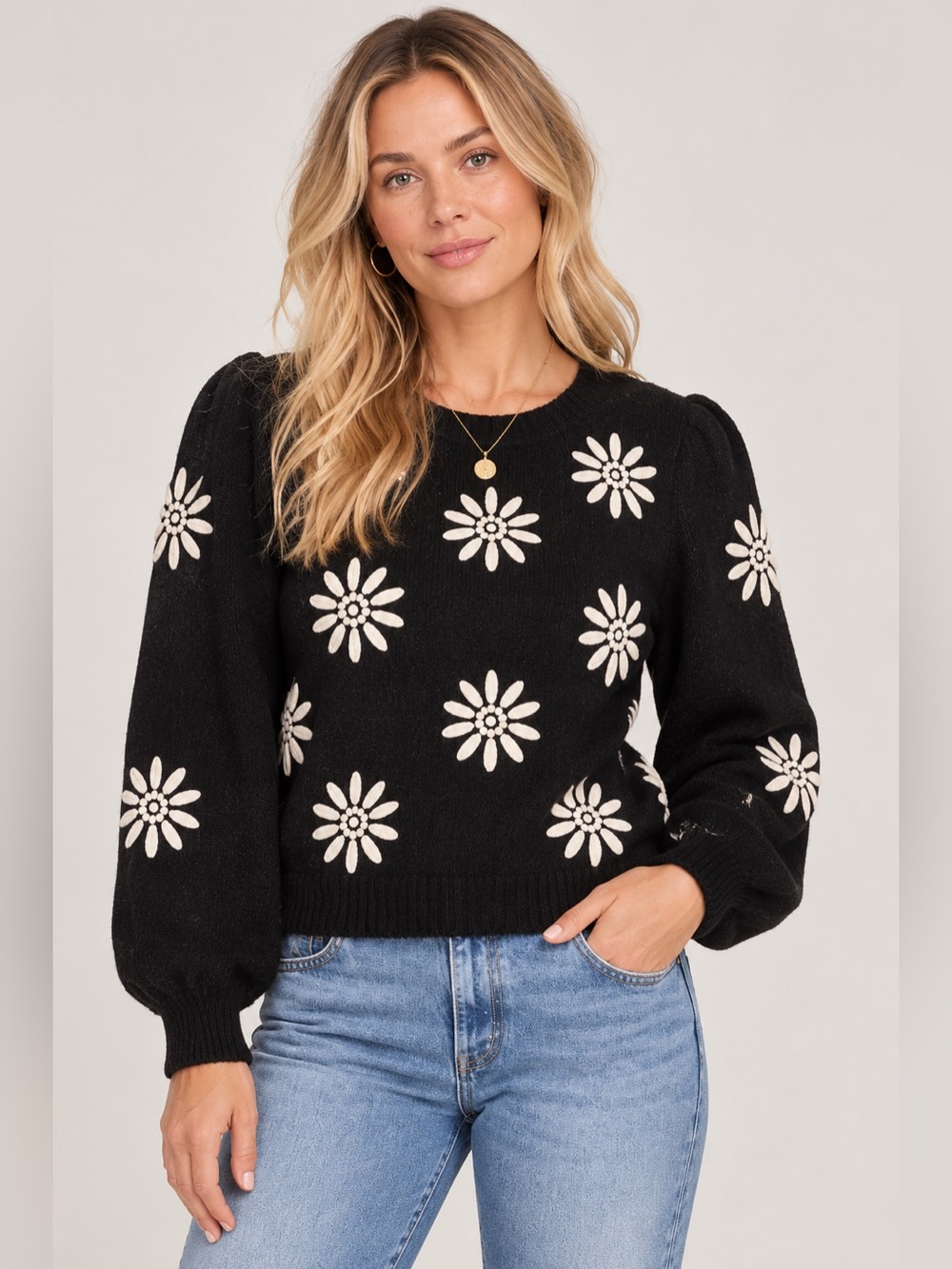 saltwater LUXE Elima Black Sweater with White Daisy Embroidery
